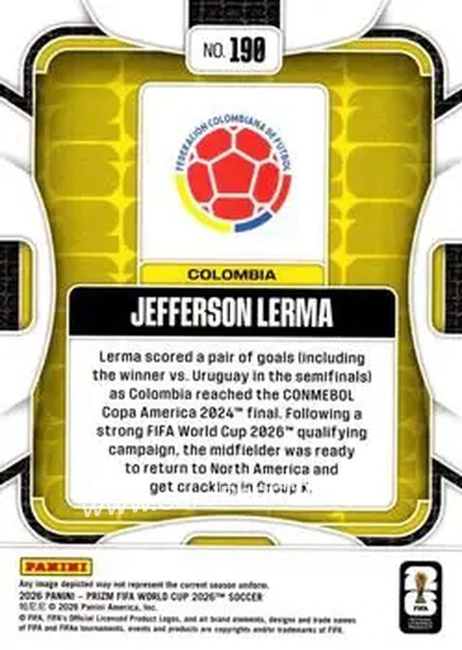 2026 Panini Prizm FIFA World Cup #190 - Jefferson Lerma - Colombia - Back