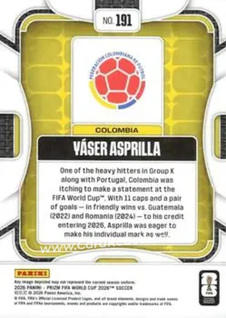 2026 Panini Prizm FIFA World Cup #191 - Yaser Asprilla - Colombia - Back