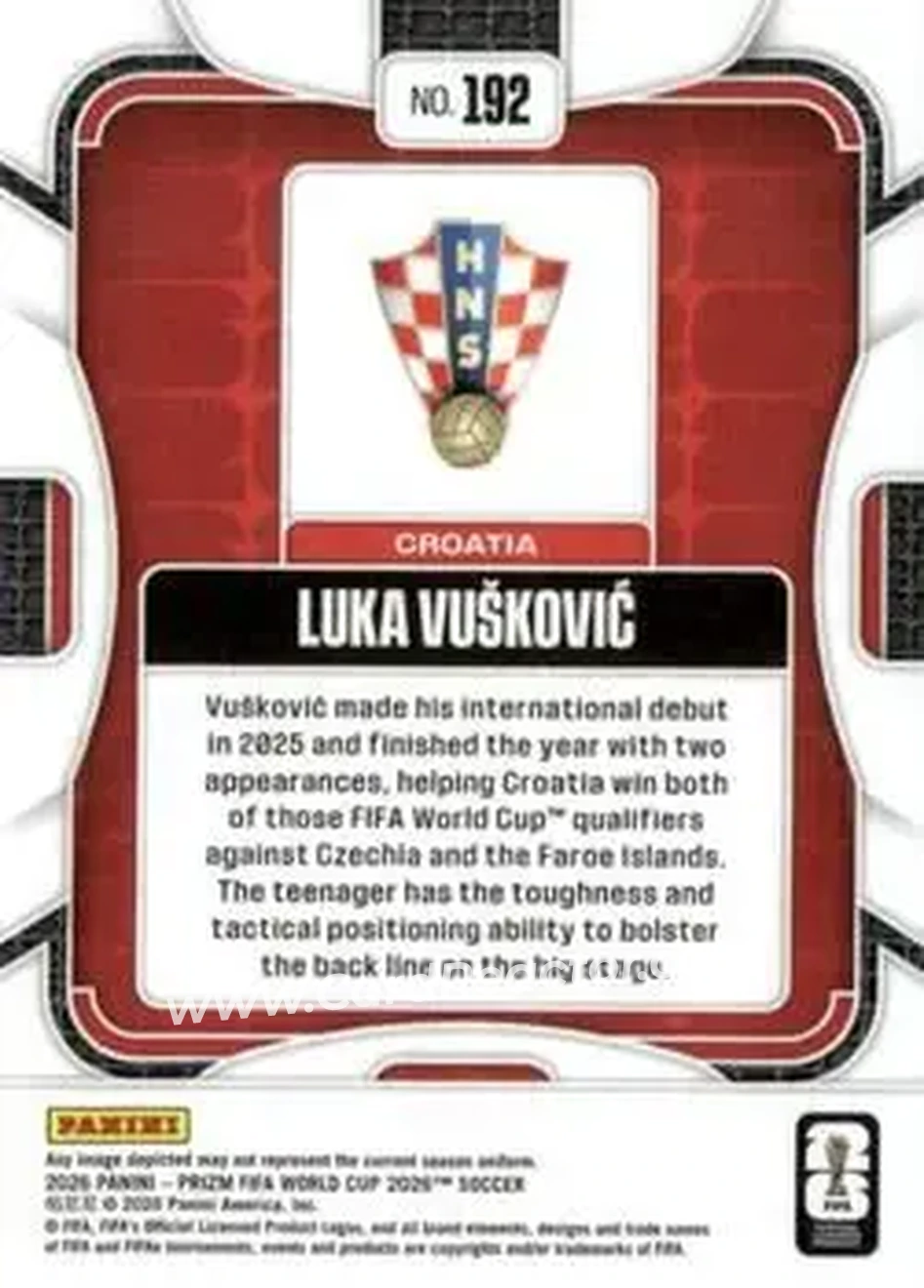 2026 Panini Prizm FIFA World Cup #192 - Luka Vuskovic - Croatia - Back