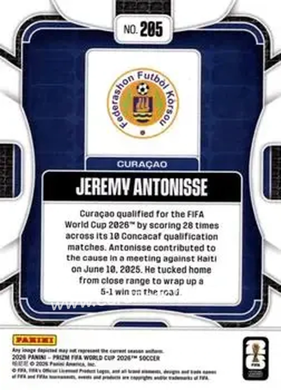 2026 Panini Prizm FIFA World Cup #205 - Jeremy Antonisse - Curacao - Back