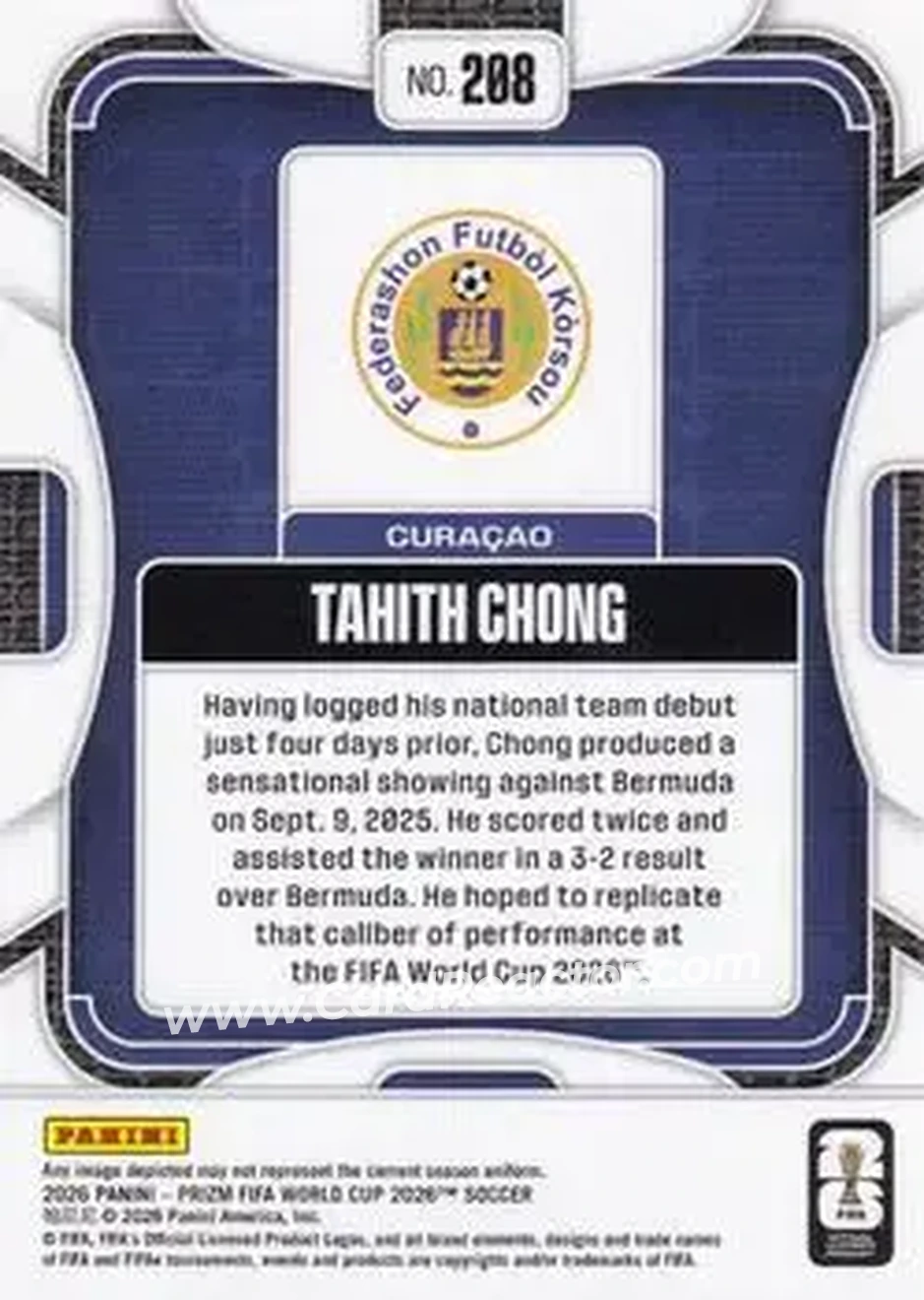 2026 Panini Prizm FIFA World Cup #208 - Tahith Chong - Curacao - Back