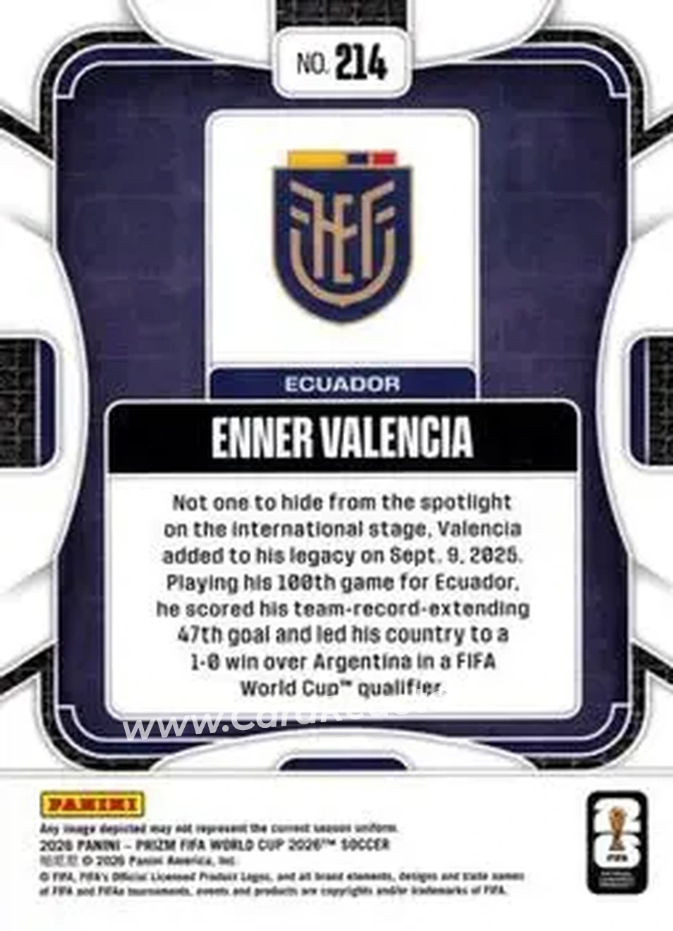 2026 Panini Prizm FIFA World Cup #214 - Enner Valencia - Ecuador - Back