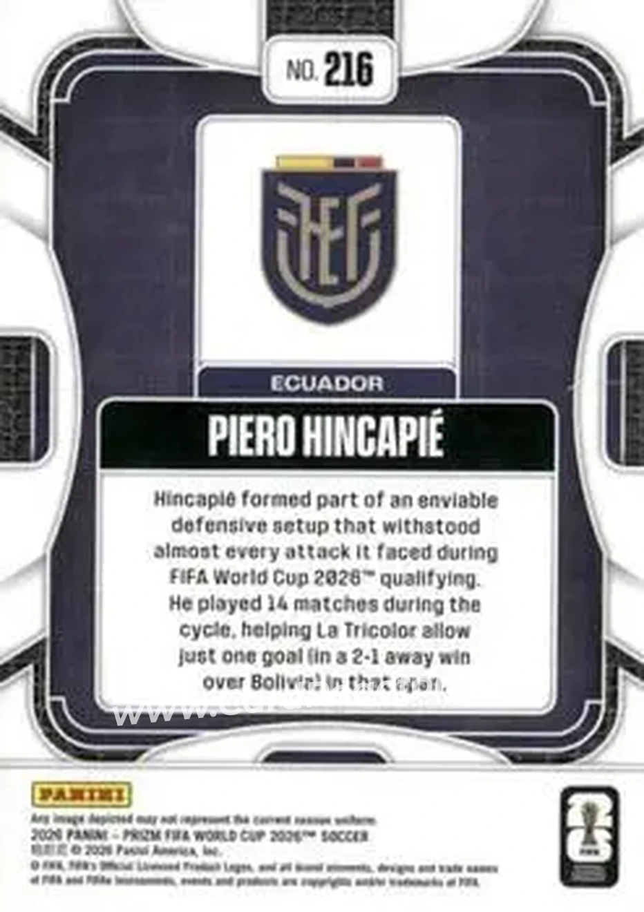 2026 Panini Prizm FIFA World Cup #216 - Piero Hincapie - Ecuador - Back