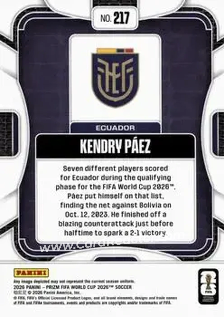 2026 Panini Prizm FIFA World Cup #217 - Kendry Paez - Ecuador - Back