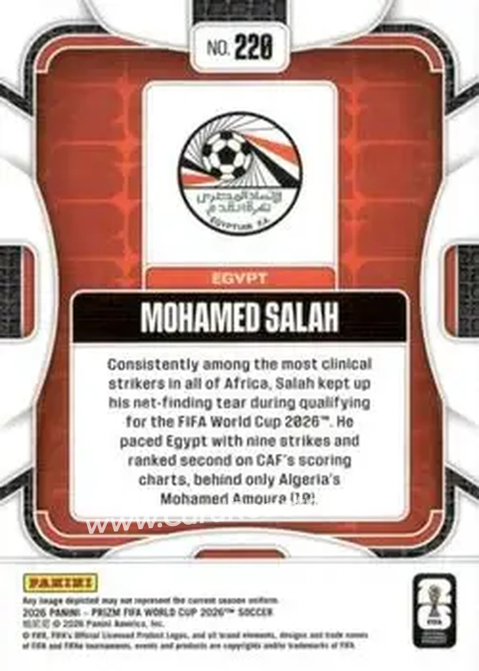 2026 Panini Prizm FIFA World Cup #220 - Mohamed Salah - Egypt - Back