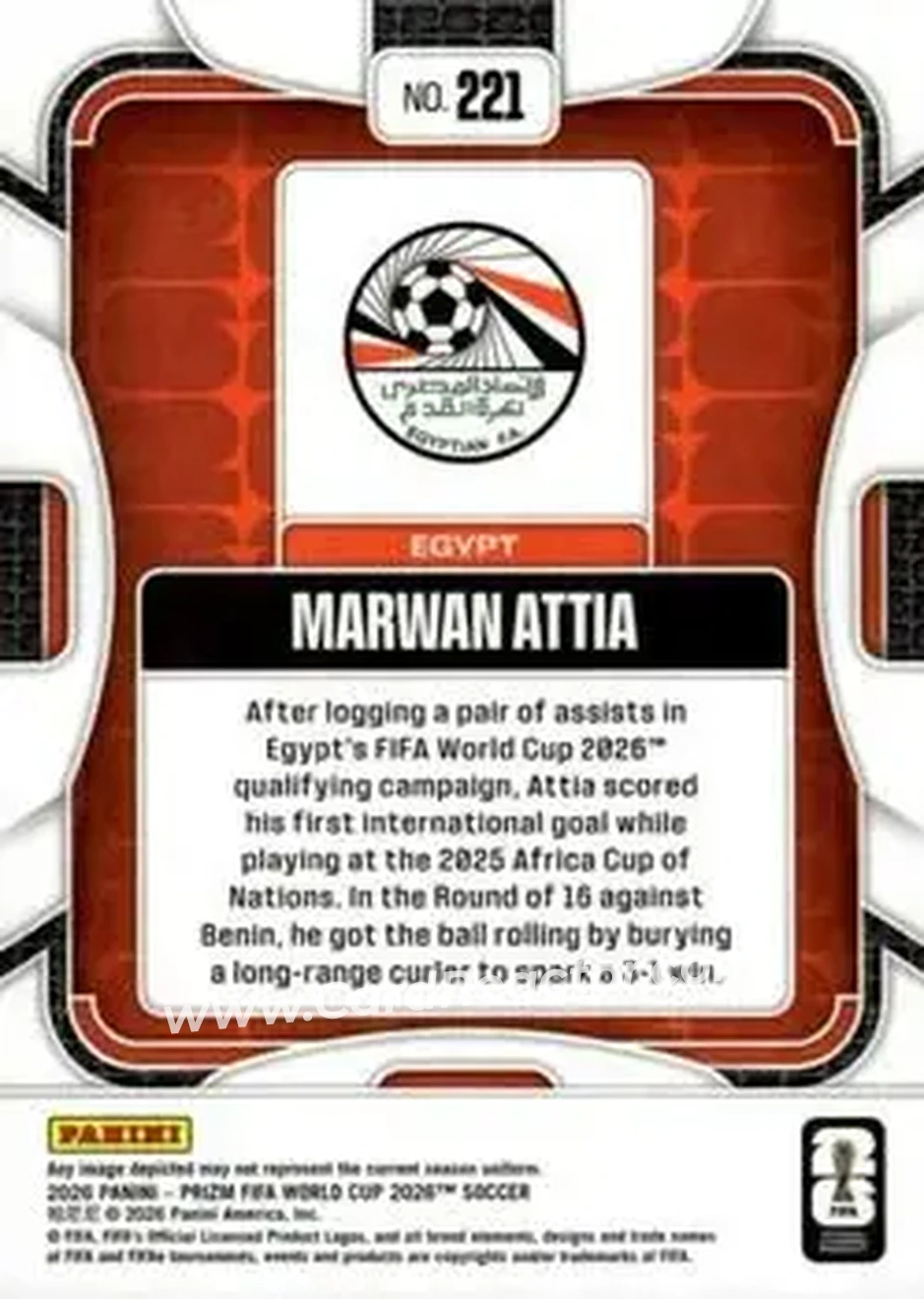 2026 Panini Prizm FIFA World Cup #221 - Marwan Attia - Egypt - Back