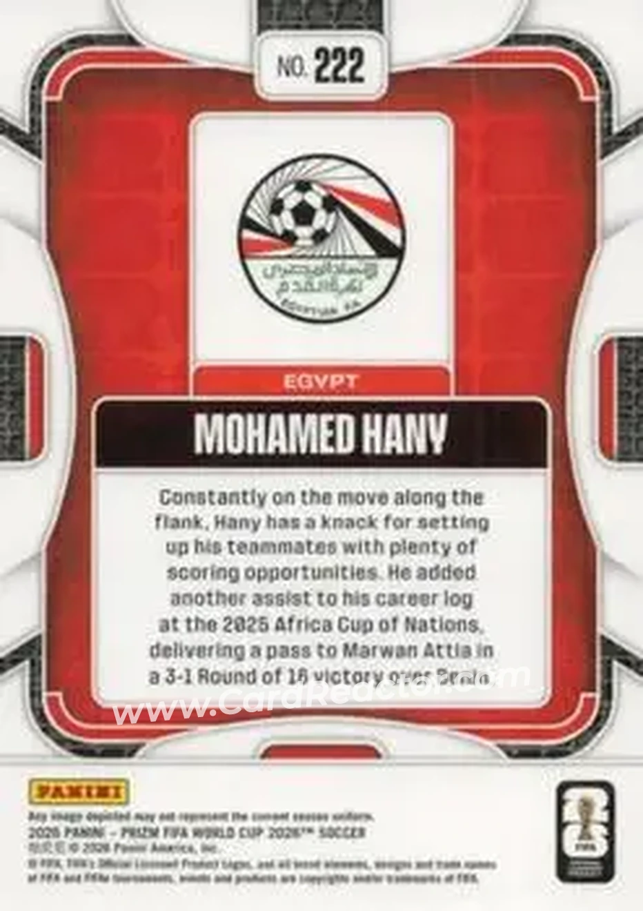 2026 Panini Prizm FIFA World Cup #222 - Mohamed Hany - Egypt - Back
