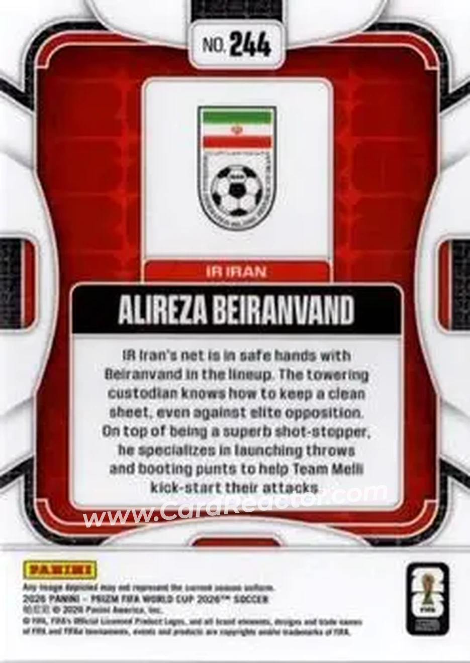 2026 Panini Prizm FIFA World Cup #244 - Alireza Beiranvand - Iran - Back