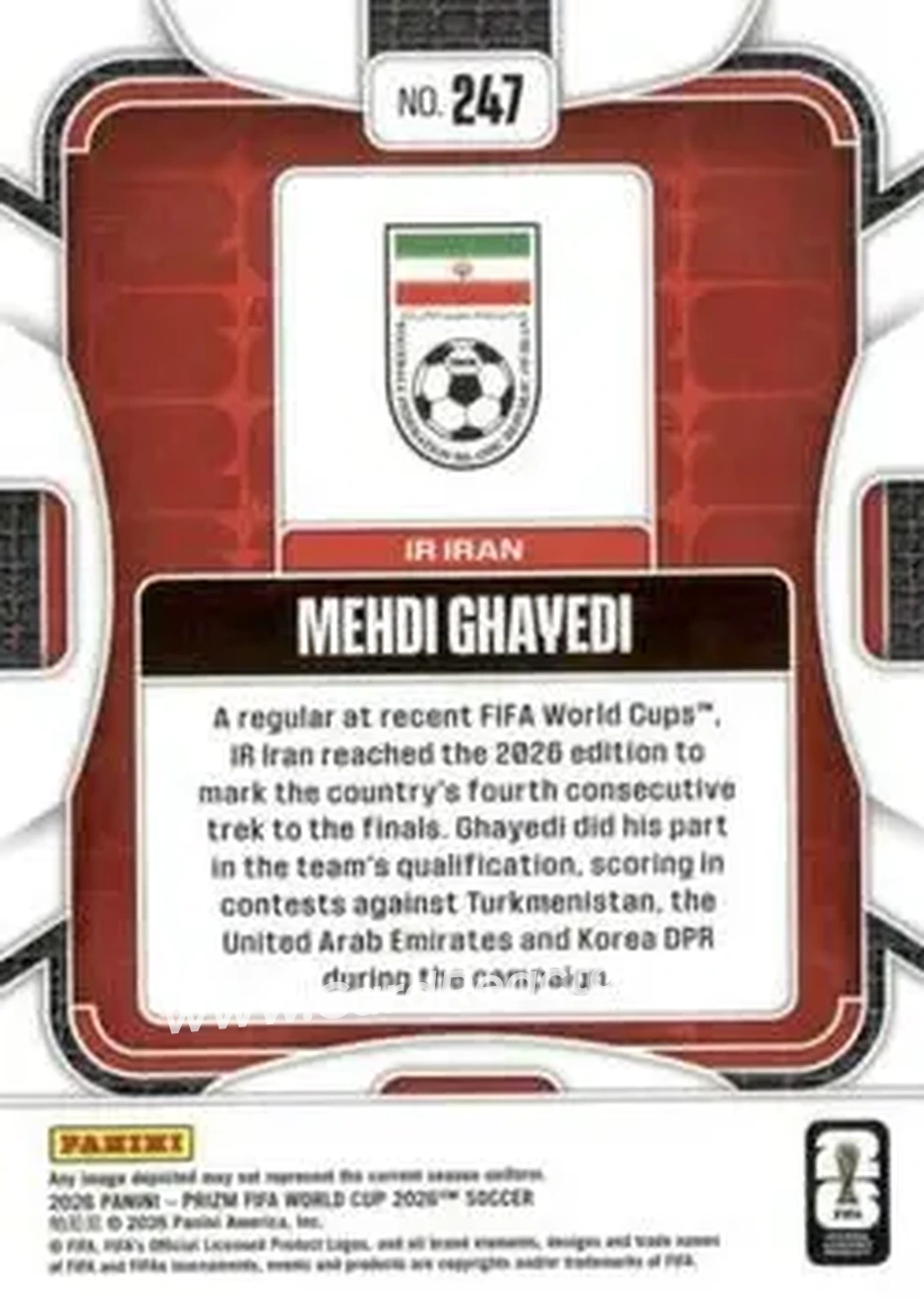 2026 Panini Prizm FIFA World Cup #247 - Mehdi Ghayedi - Iran - Back