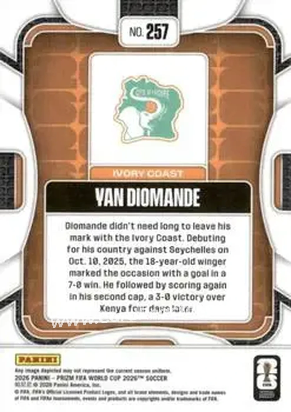 2026 Panini Prizm FIFA World Cup #257 - Yan Diomande - Cote D'Ivoire - Back