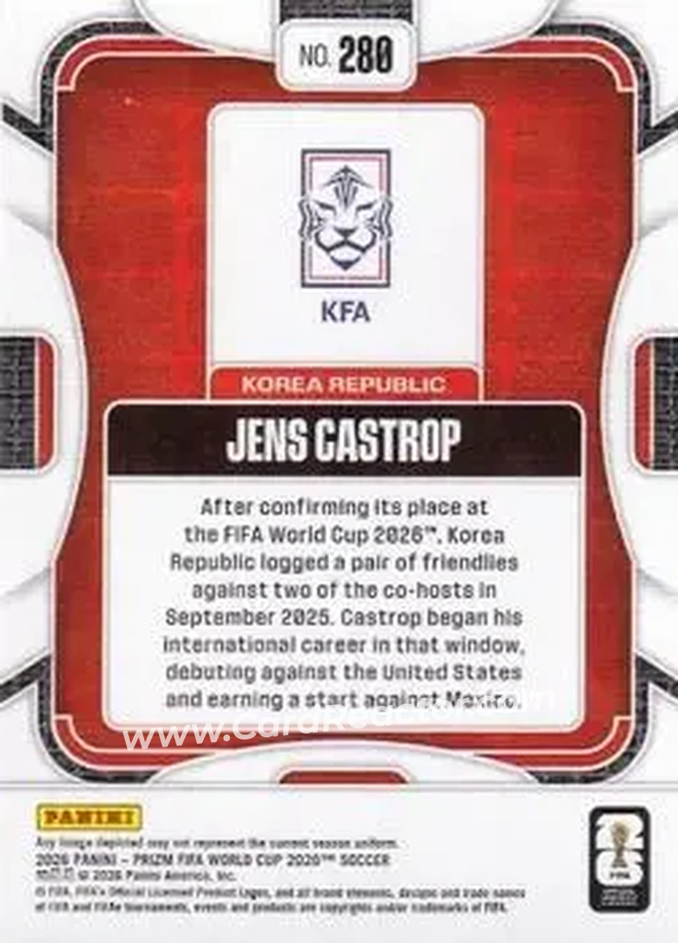 2026 Panini Prizm FIFA World Cup #280 - Jens Castrop - Korea Republic - Back