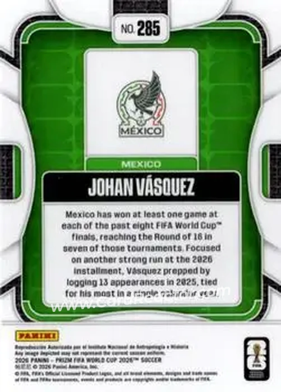2026 Panini Prizm FIFA World Cup #285 - Johan Vasquez - Mexico - Back