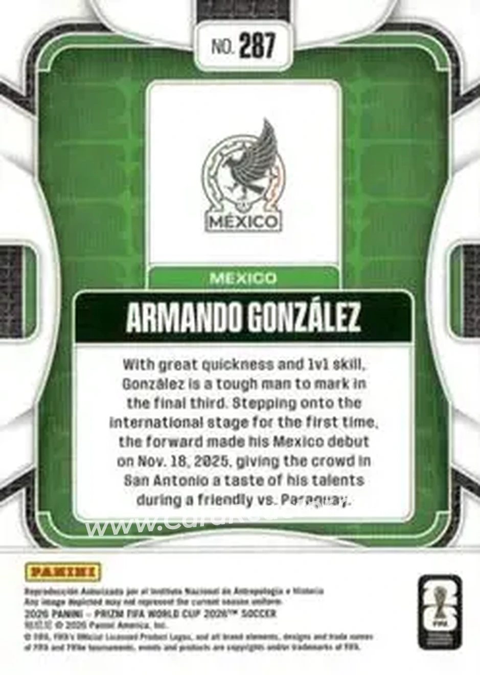 2026 Panini Prizm FIFA World Cup #287 - Armando González - Mexico - Back