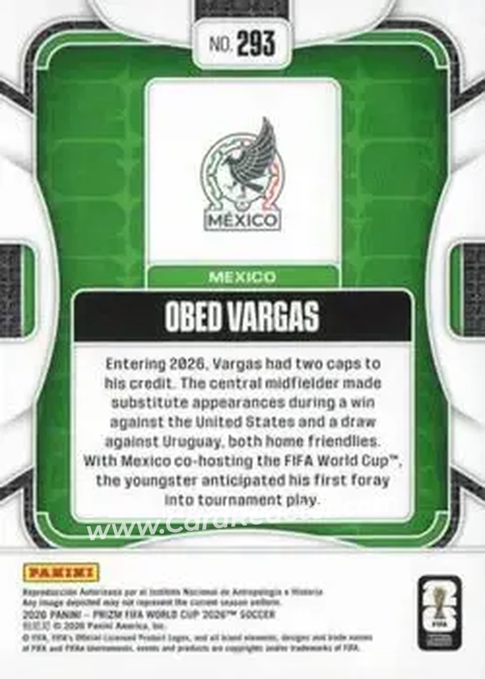 2026 Panini Prizm FIFA World Cup #293 - Obed Vargas - Mexico - Back