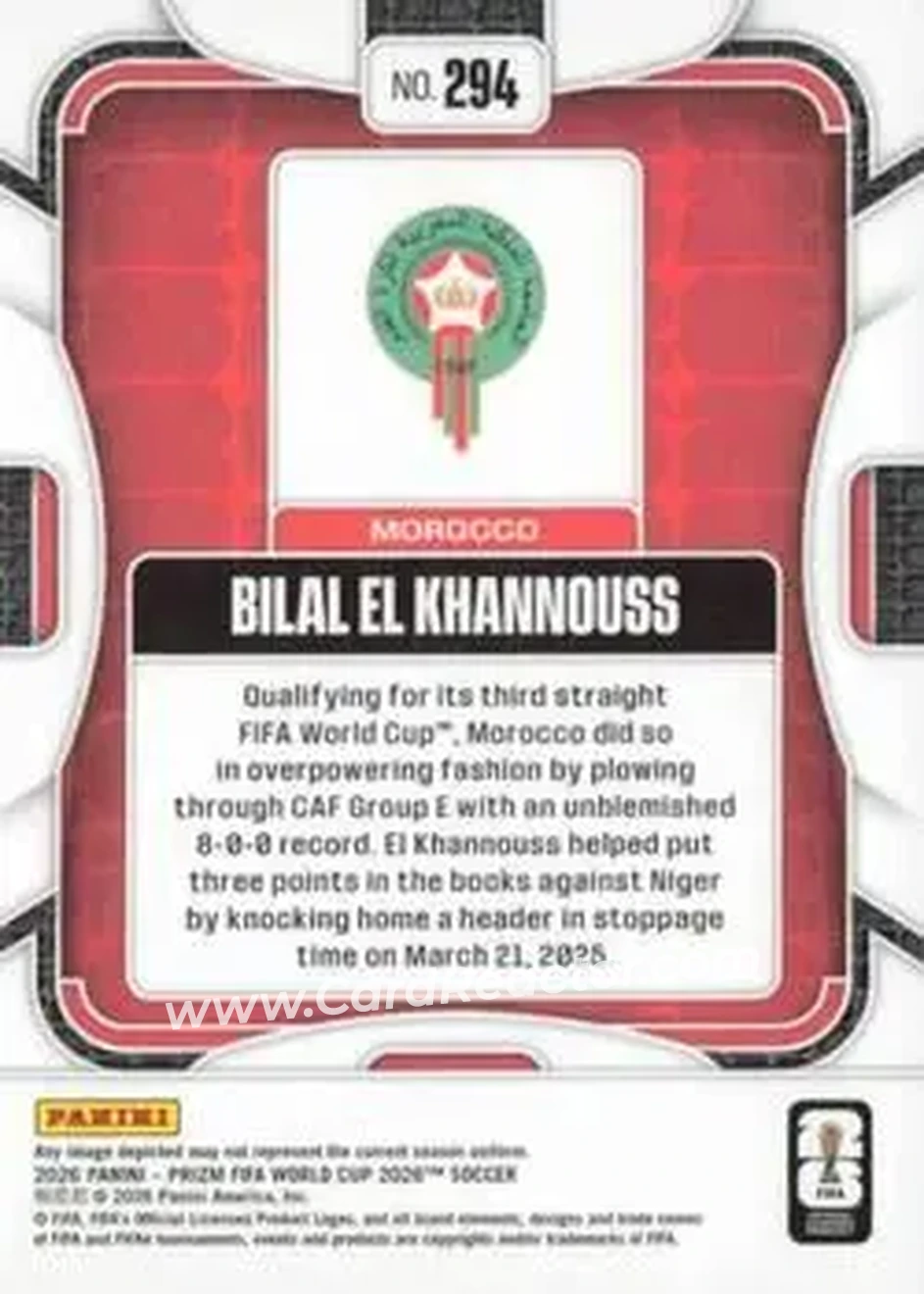 2026 Panini Prizm FIFA World Cup #294 - Bilal El Khannouss - Morocco - Back