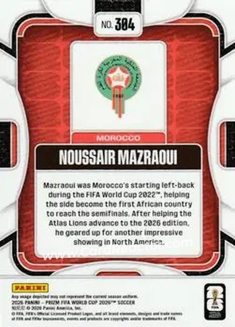 2026 Panini Prizm FIFA World Cup #304 - Noussair Mazraoui - Morocco - Back