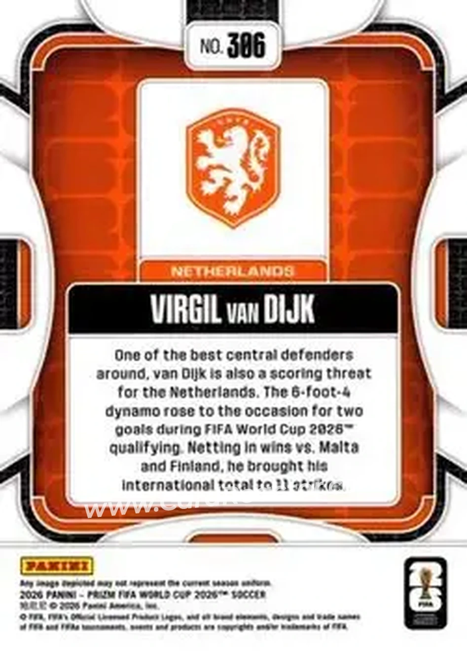 2026 Panini Prizm FIFA World Cup #306 - Virgil van Dijk - Netherlands - Back