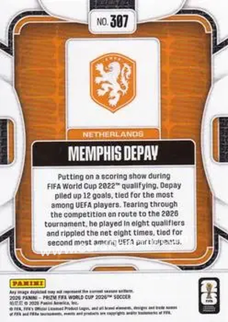 2026 Panini Prizm FIFA World Cup #307 - Memphis Depay - Netherlands - Back