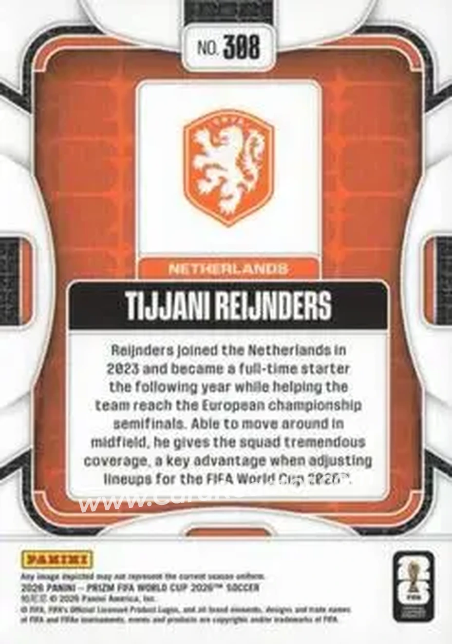 2026 Panini Prizm FIFA World Cup #308 - Tijjani Reijnders - Netherlands - Back