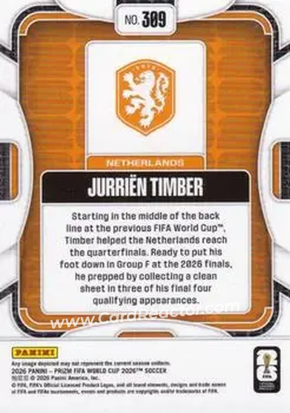 2026 Panini Prizm FIFA World Cup #309 - Jurrien Timber - Netherlands - Back
