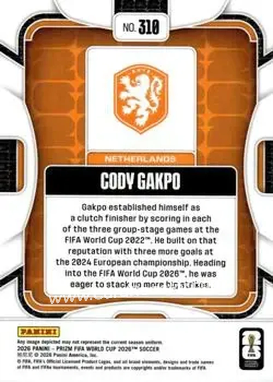 2026 Panini Prizm FIFA World Cup #310 - Cody Gakpo - Netherlands - Back