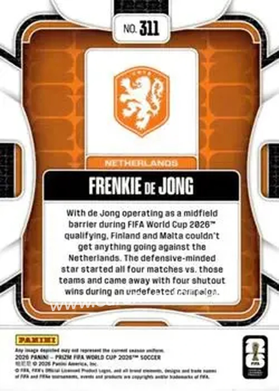 2026 Panini Prizm FIFA World Cup #311 - Frenkie de Jong - Netherlands - Back