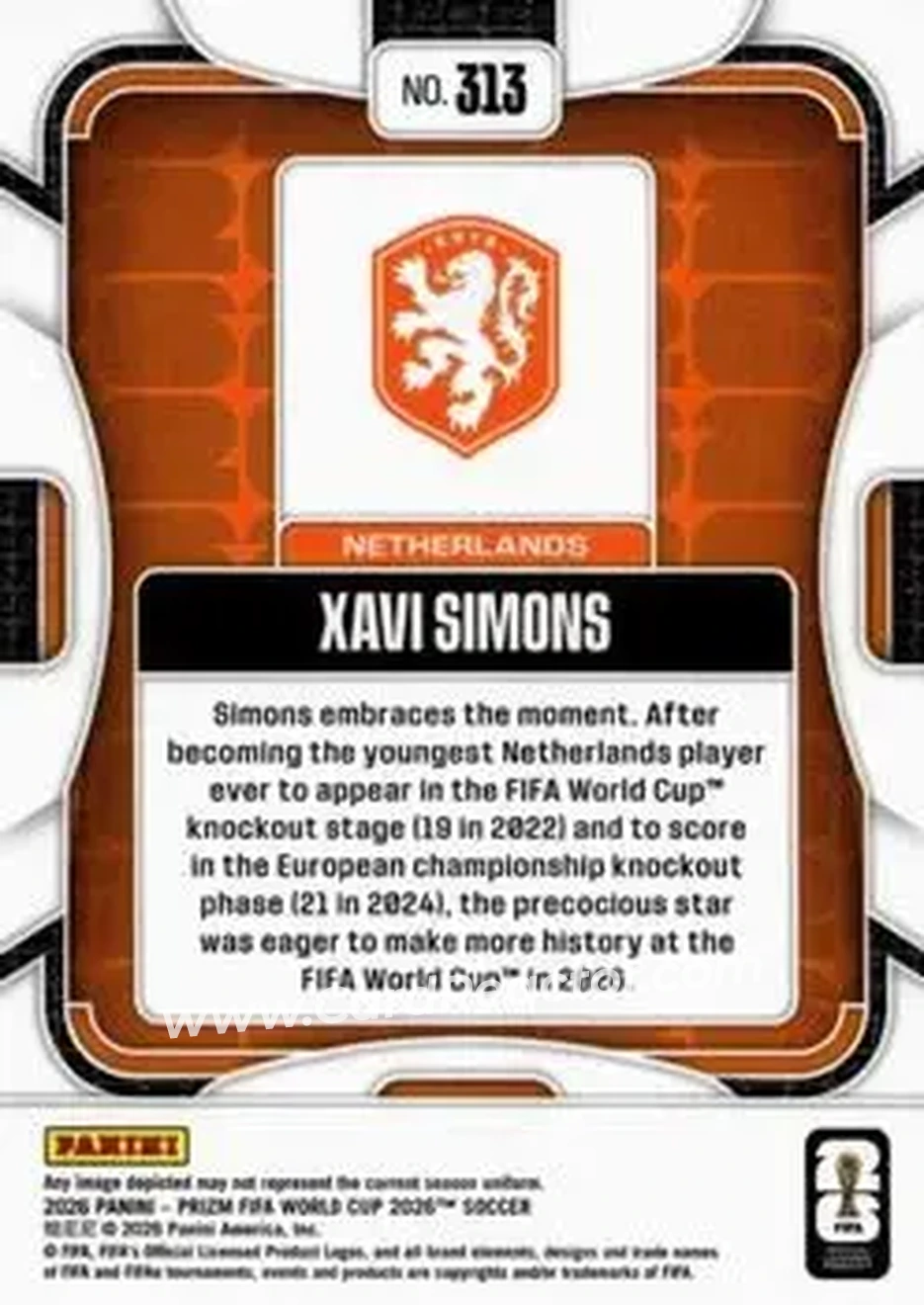 2026 Panini Prizm FIFA World Cup #313 - Xavi Simons - Netherlands - Back
