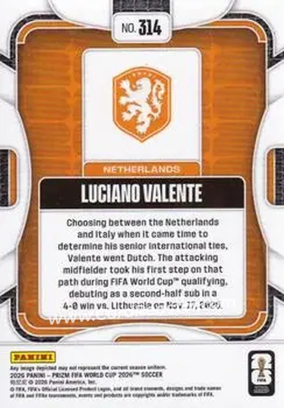 2026 Panini Prizm FIFA World Cup #314 - Luciano Valente - Netherlands - Back