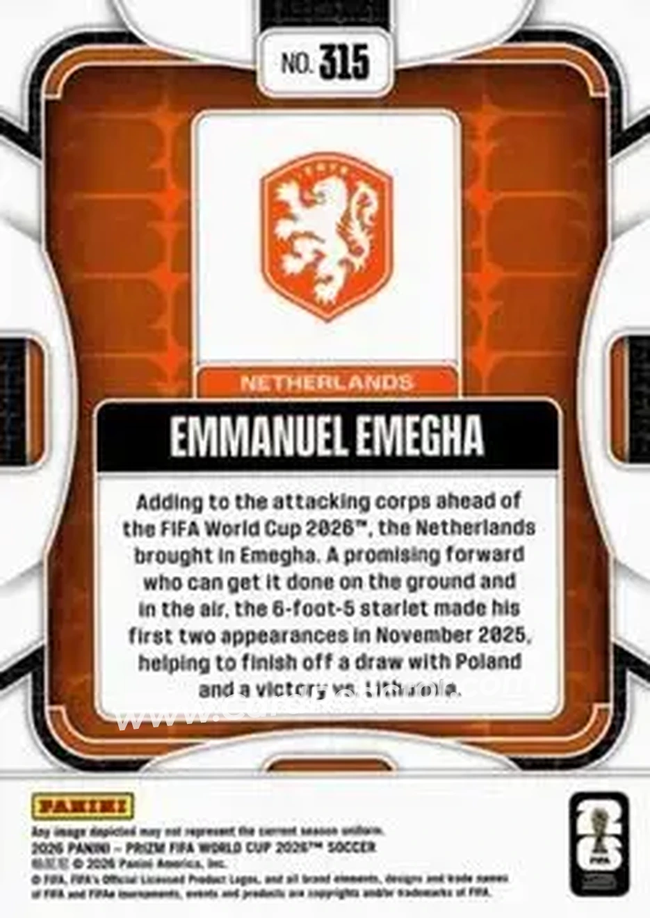2026 Panini Prizm FIFA World Cup #315 - Emmanuel Emegha - Netherlands - Back