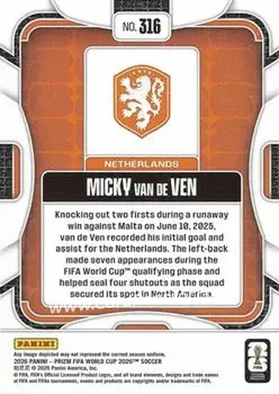 2026 Panini Prizm FIFA World Cup #316 - Micky van de Ven - Netherlands - Back