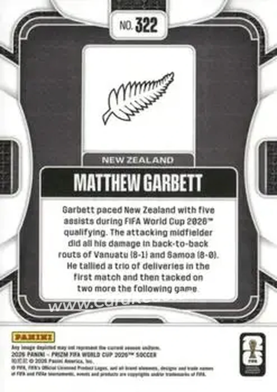 2026 Panini Prizm FIFA World Cup #322 - Matthew Garbett - New Zealand - Back