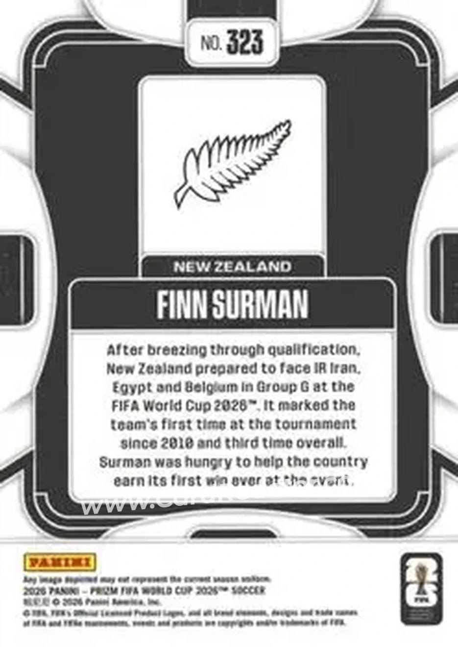 2026 Panini Prizm FIFA World Cup #323 - Finn Surman - New Zealand - Back