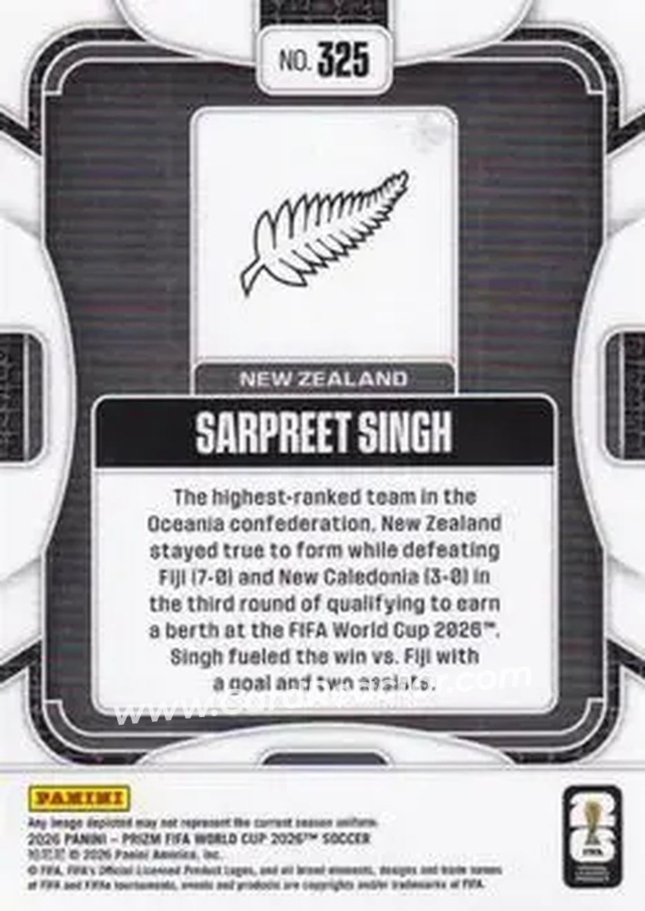 2026 Panini Prizm FIFA World Cup #325 - Sarpreet Singh - New Zealand - Back