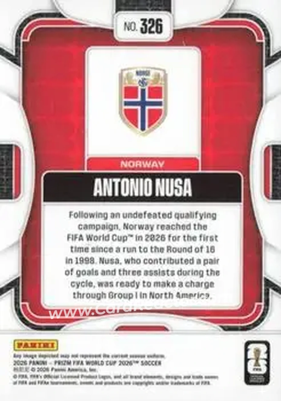 2026 Panini Prizm FIFA World Cup #326 - Antonio Nusa - Norway - Back