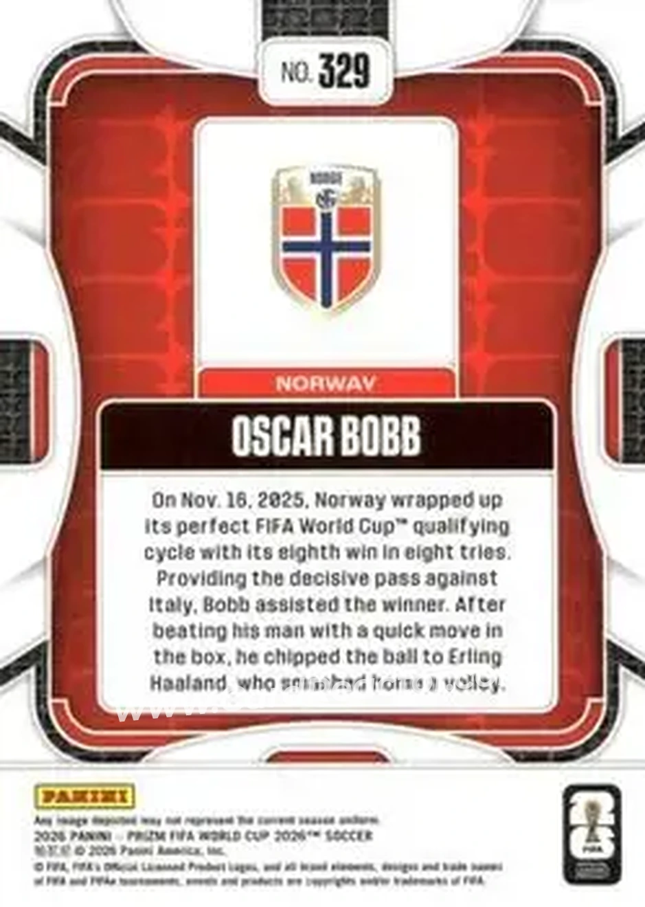 2026 Panini Prizm FIFA World Cup #329 - Oscar Bobb - Norway - Back