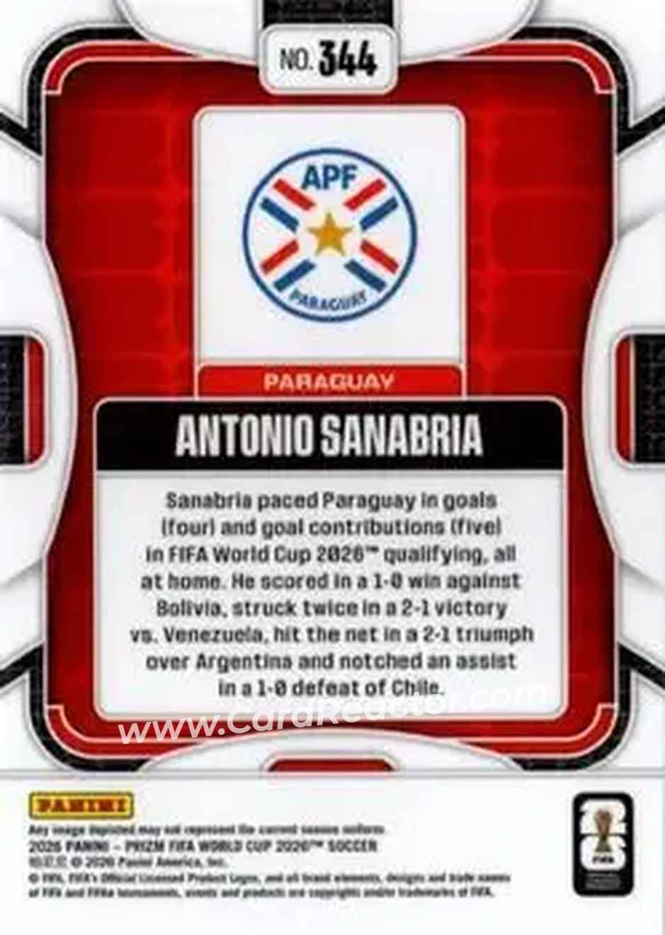 2026 Panini Prizm FIFA World Cup #344 - Antonio Sanabria - Paraguay - Back