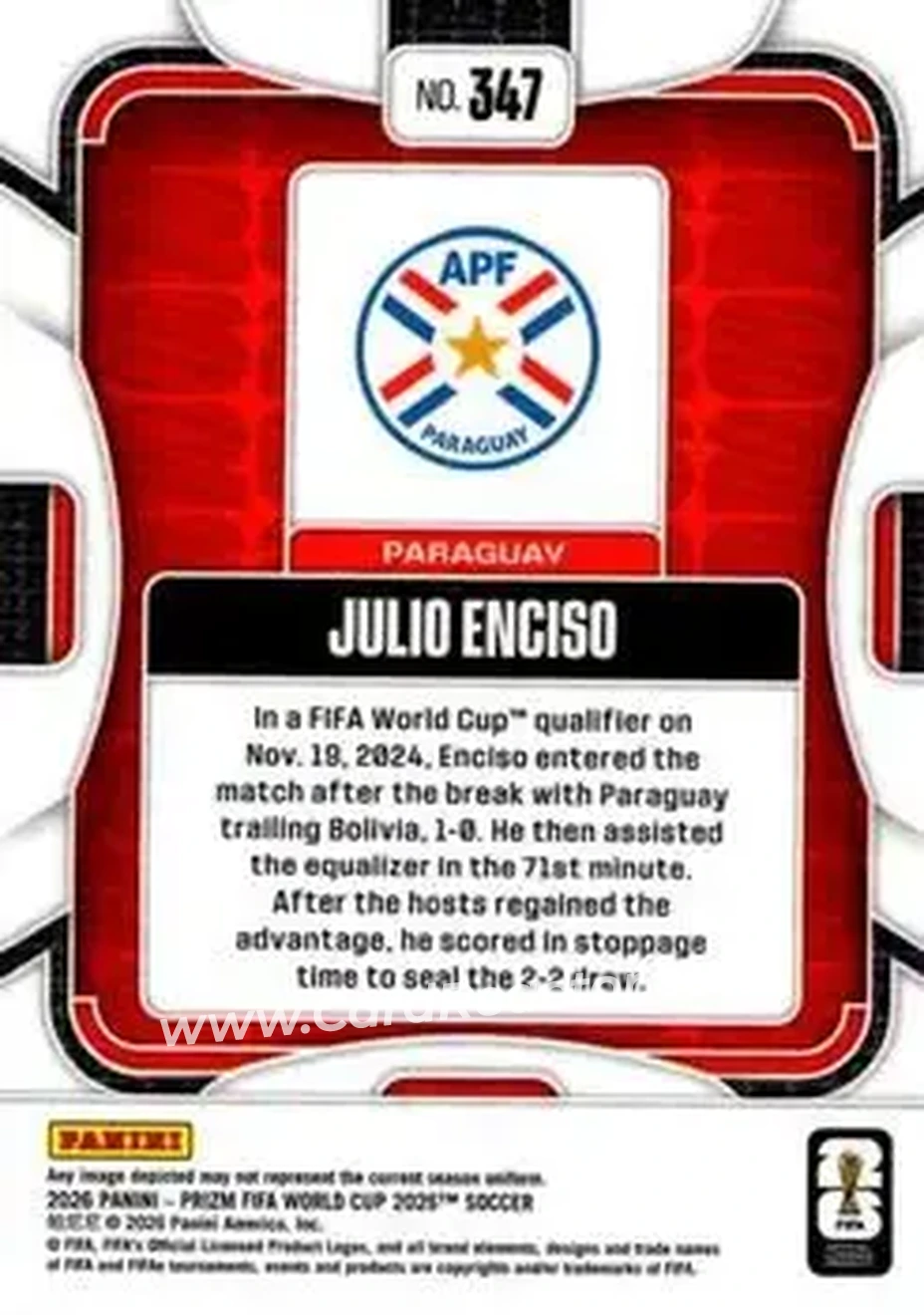 2026 Panini Prizm FIFA World Cup #347 - Julio Enciso - Paraguay - Back