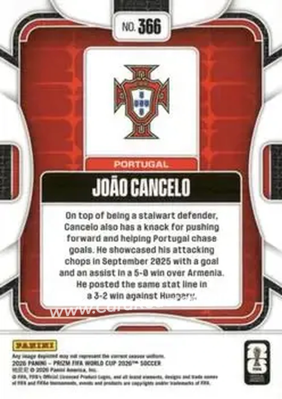 2026 Panini Prizm FIFA World Cup #366 - Joao Cancelo - Portugal - Back