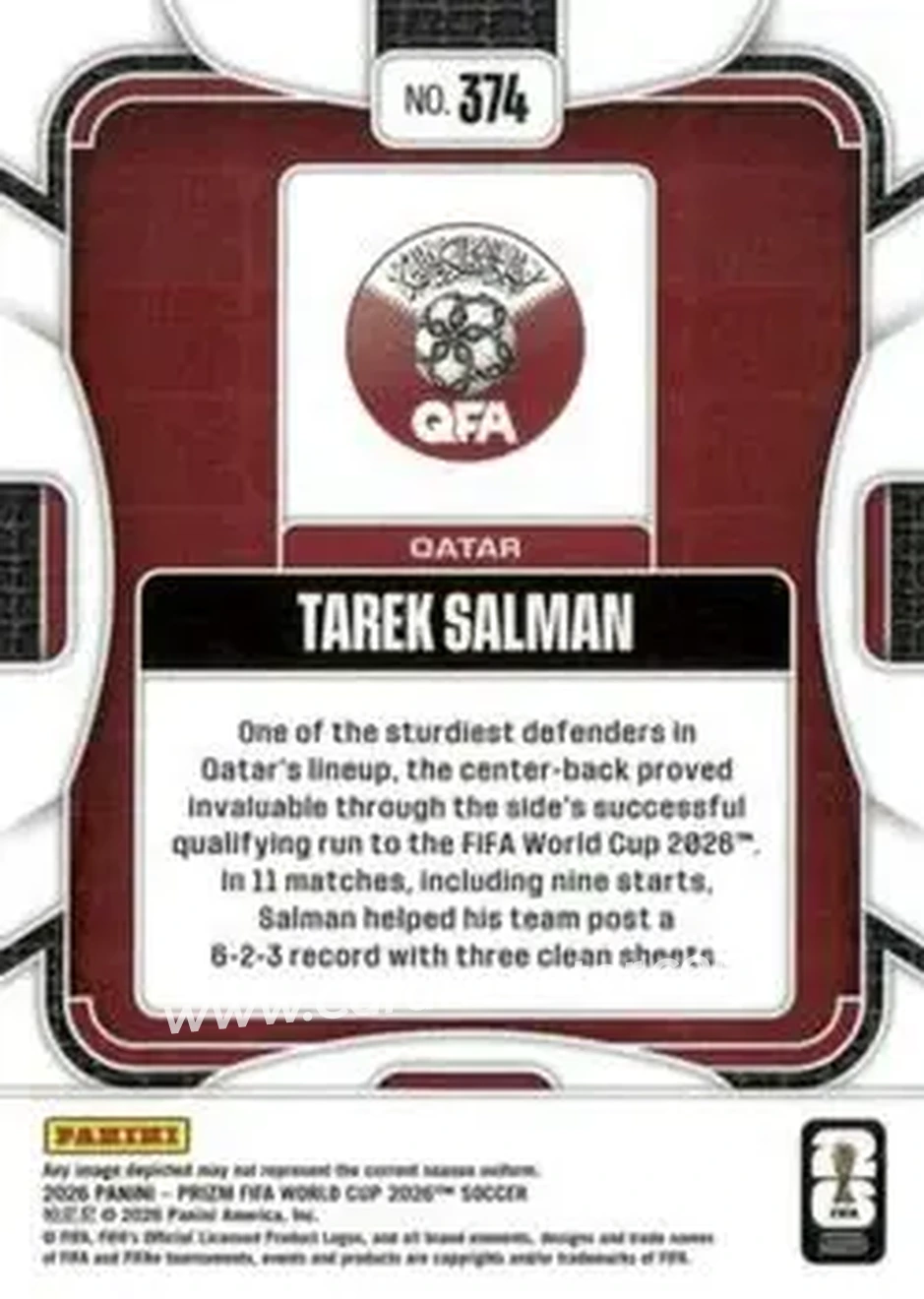2026 Panini Prizm FIFA World Cup #374 - Tarek Salman - Qatar - Back