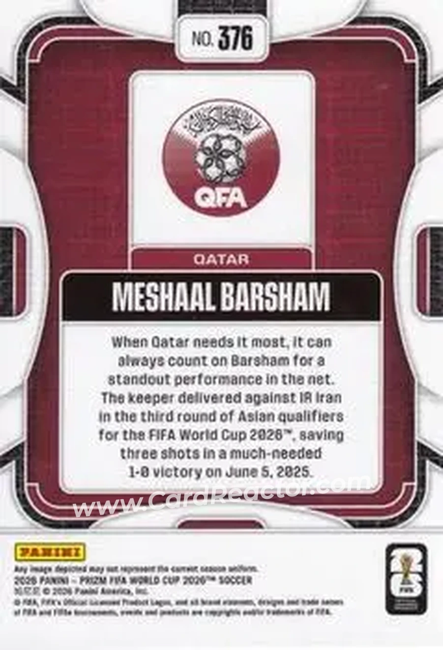 2026 Panini Prizm FIFA World Cup #376 - Meshaal Barsham - Qatar - Back