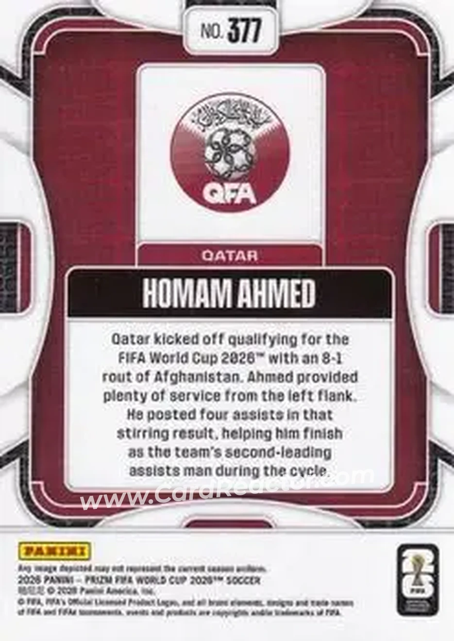 2026 Panini Prizm FIFA World Cup #377 - Homam Ahmed - Qatar - Back
