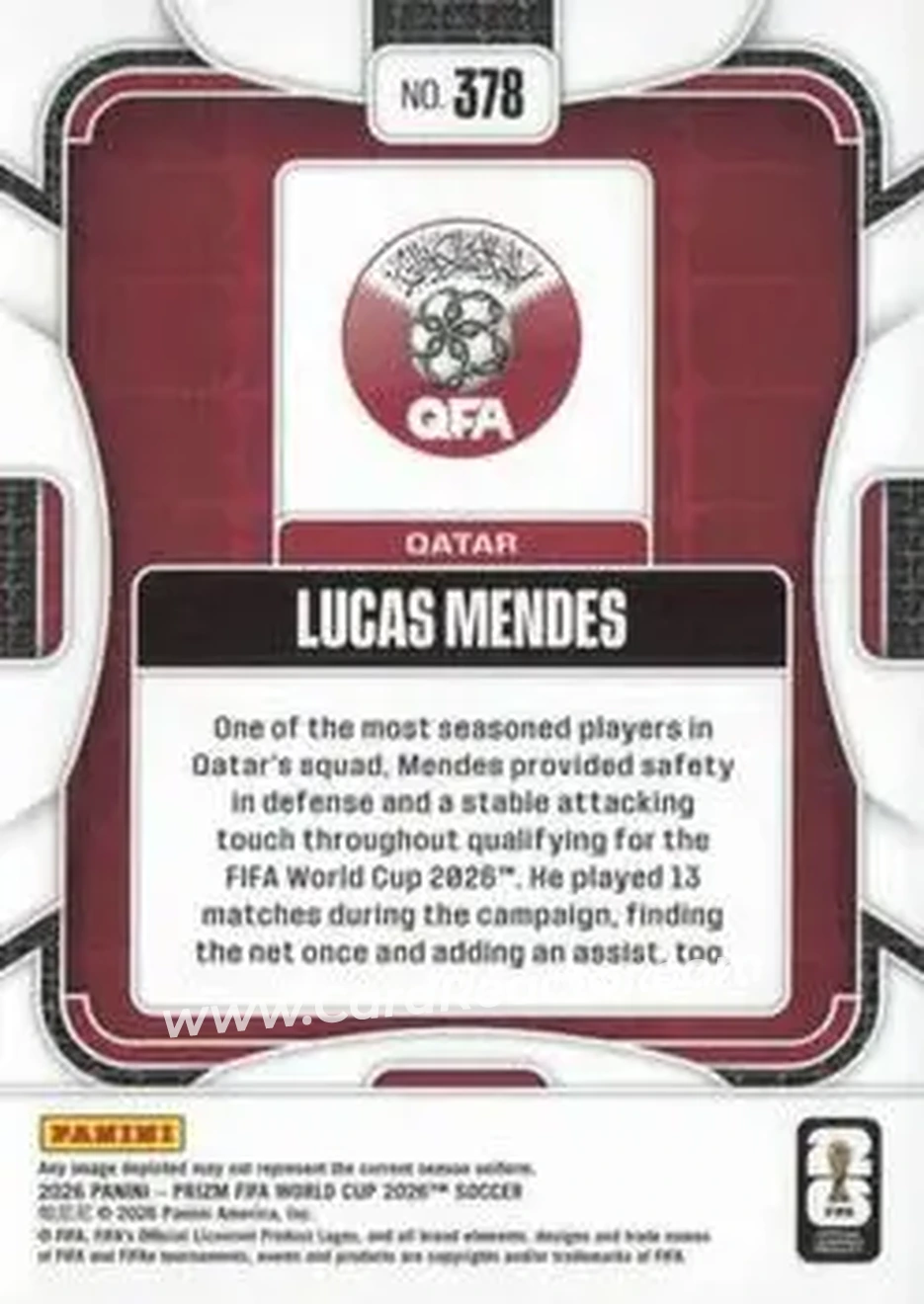 2026 Panini Prizm FIFA World Cup #378 - Lucas Mendes - Qatar - Back