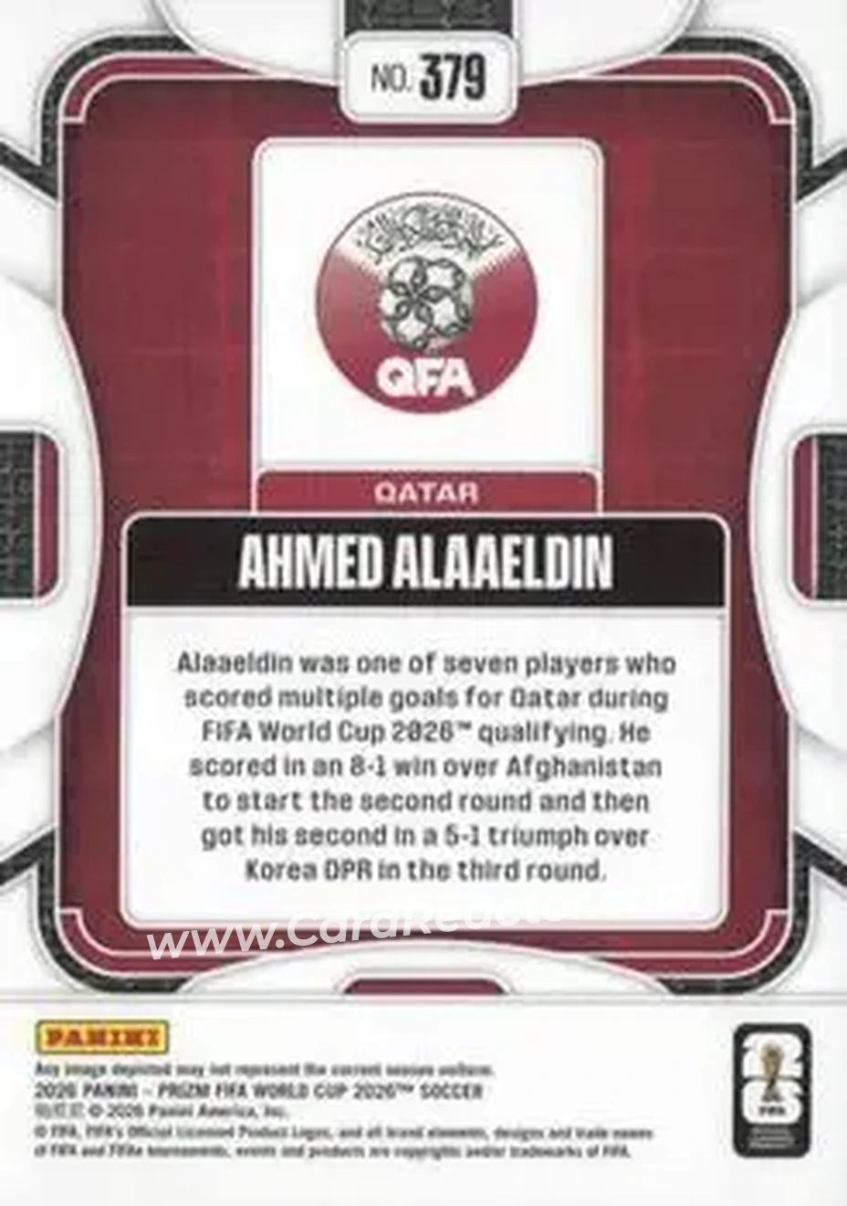 2026 Panini Prizm FIFA World Cup #379 - Ahmed Alaaeldin - Qatar - Back