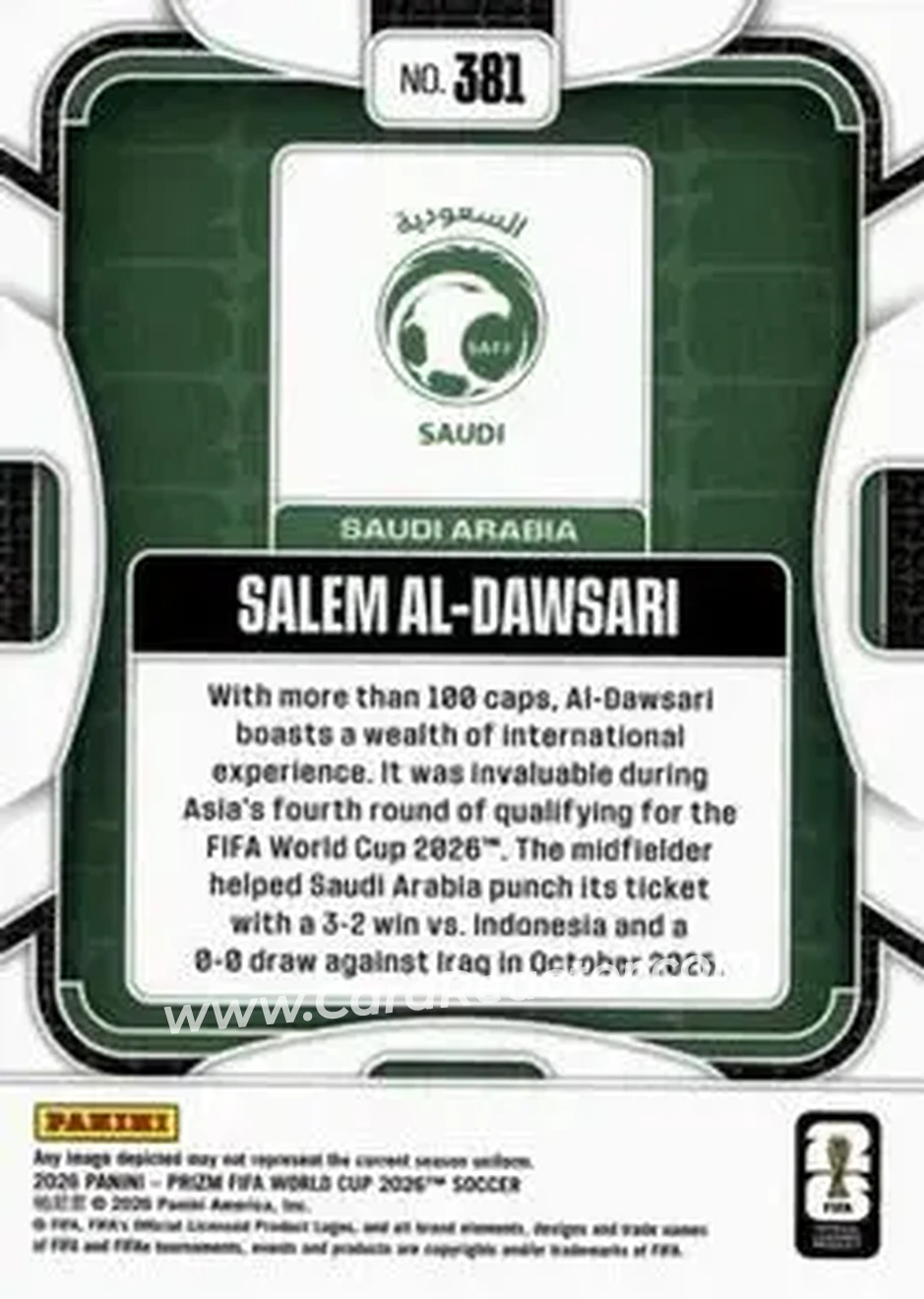 2026 Panini Prizm FIFA World Cup #381 - Salem Al-Dawsari - Saudi Arabia - Back
