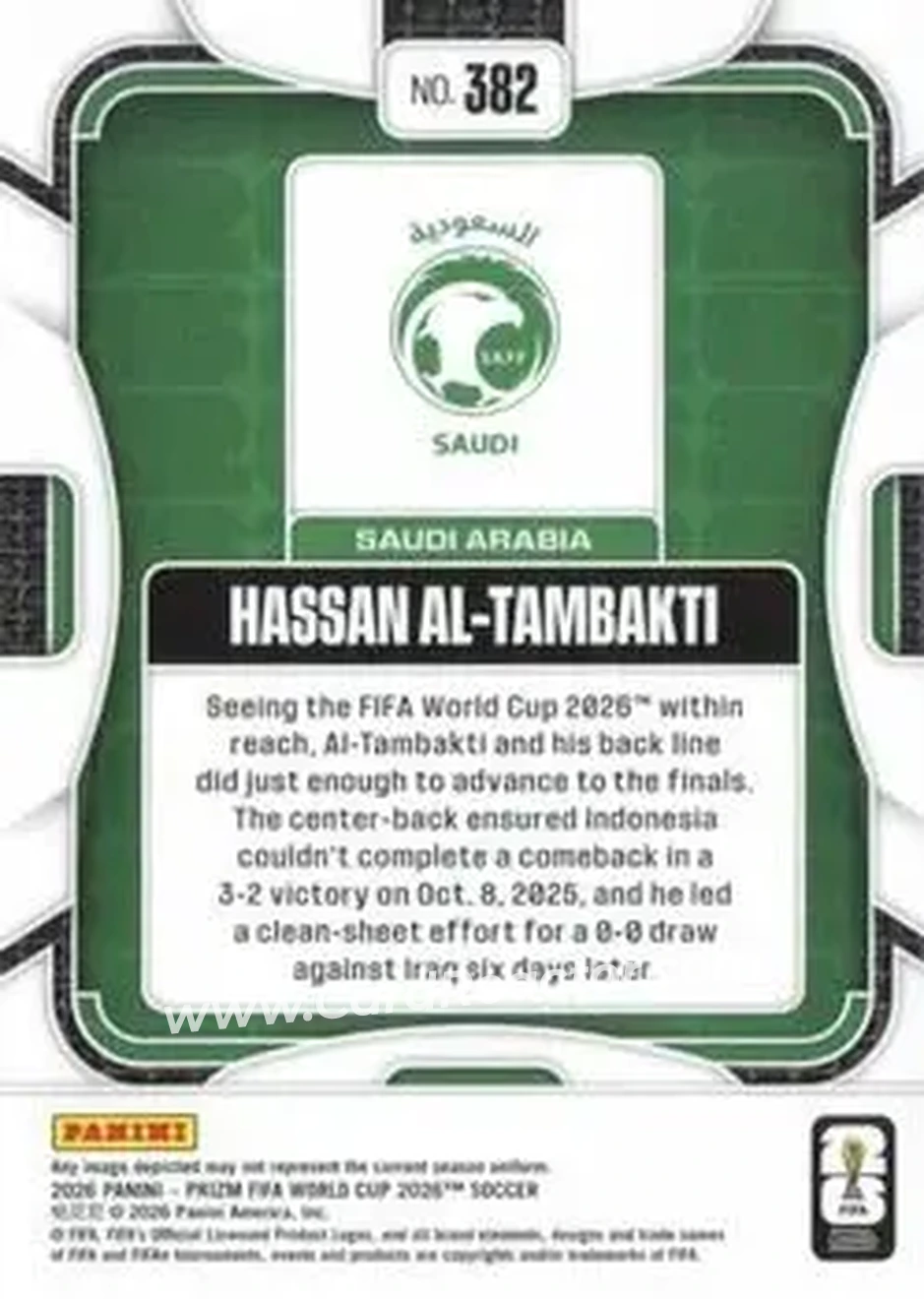 2026 Panini Prizm FIFA World Cup #382 - Hassan Al-Tambakti - Saudi Arabia - Back