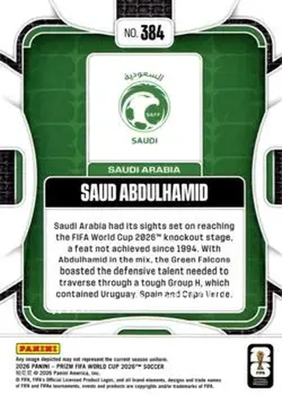 2026 Panini Prizm FIFA World Cup #384 - Saud Abdulhamid - Saudi Arabia - Back