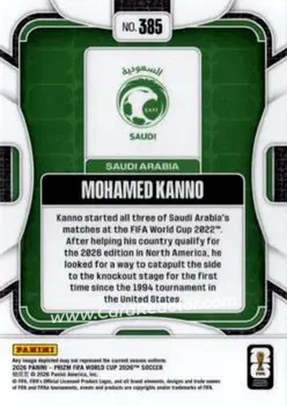 2026 Panini Prizm FIFA World Cup #385 - Mohamed Kanno - Saudi Arabia - Back