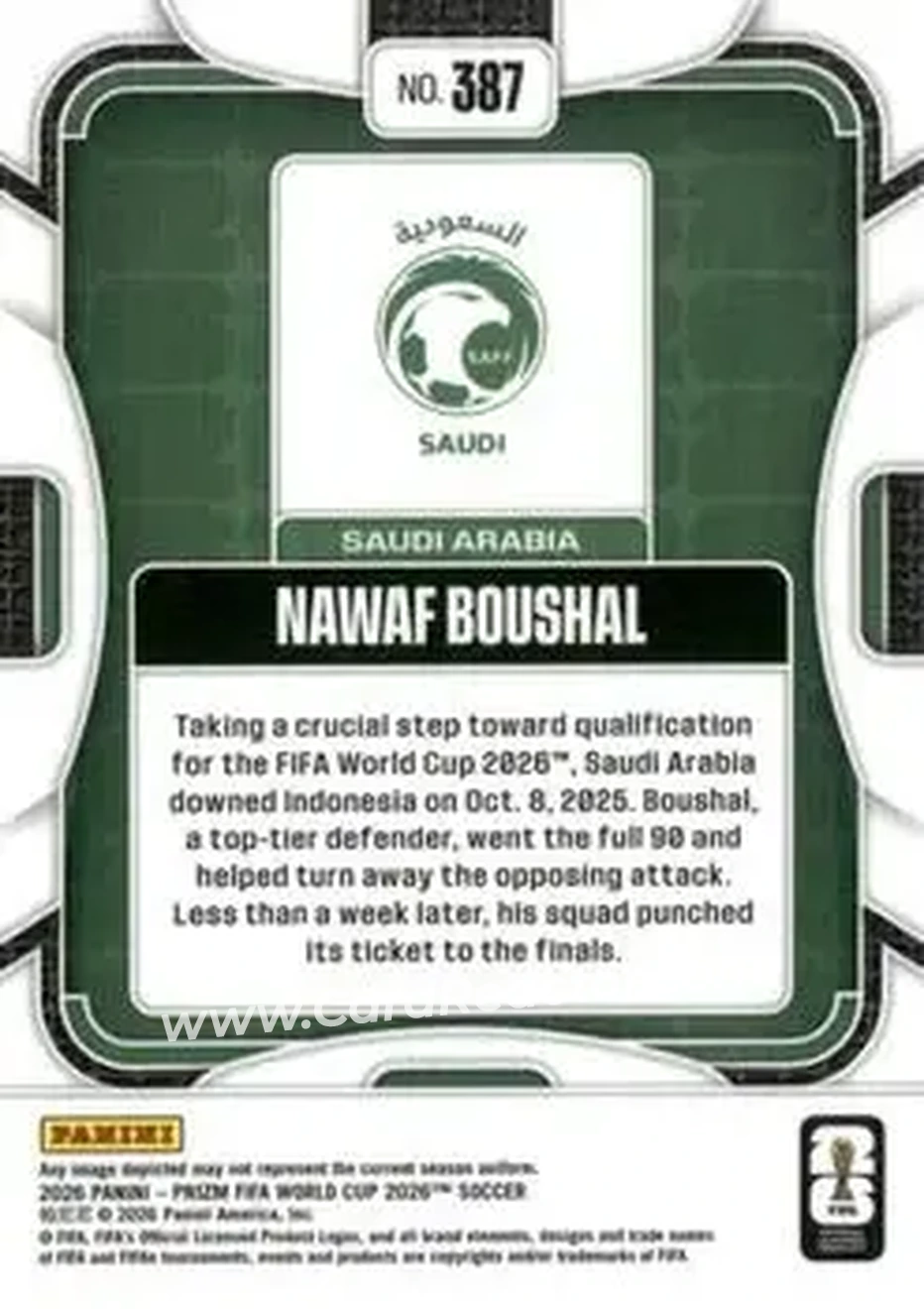 2026 Panini Prizm FIFA World Cup #387 - Nawaf Boushal - Saudi Arabia - Back