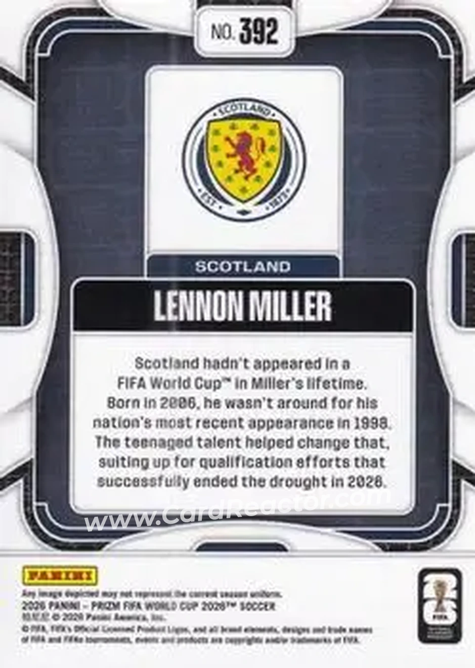2026 Panini Prizm FIFA World Cup #392 - Lennon Miller - Scotland - Back