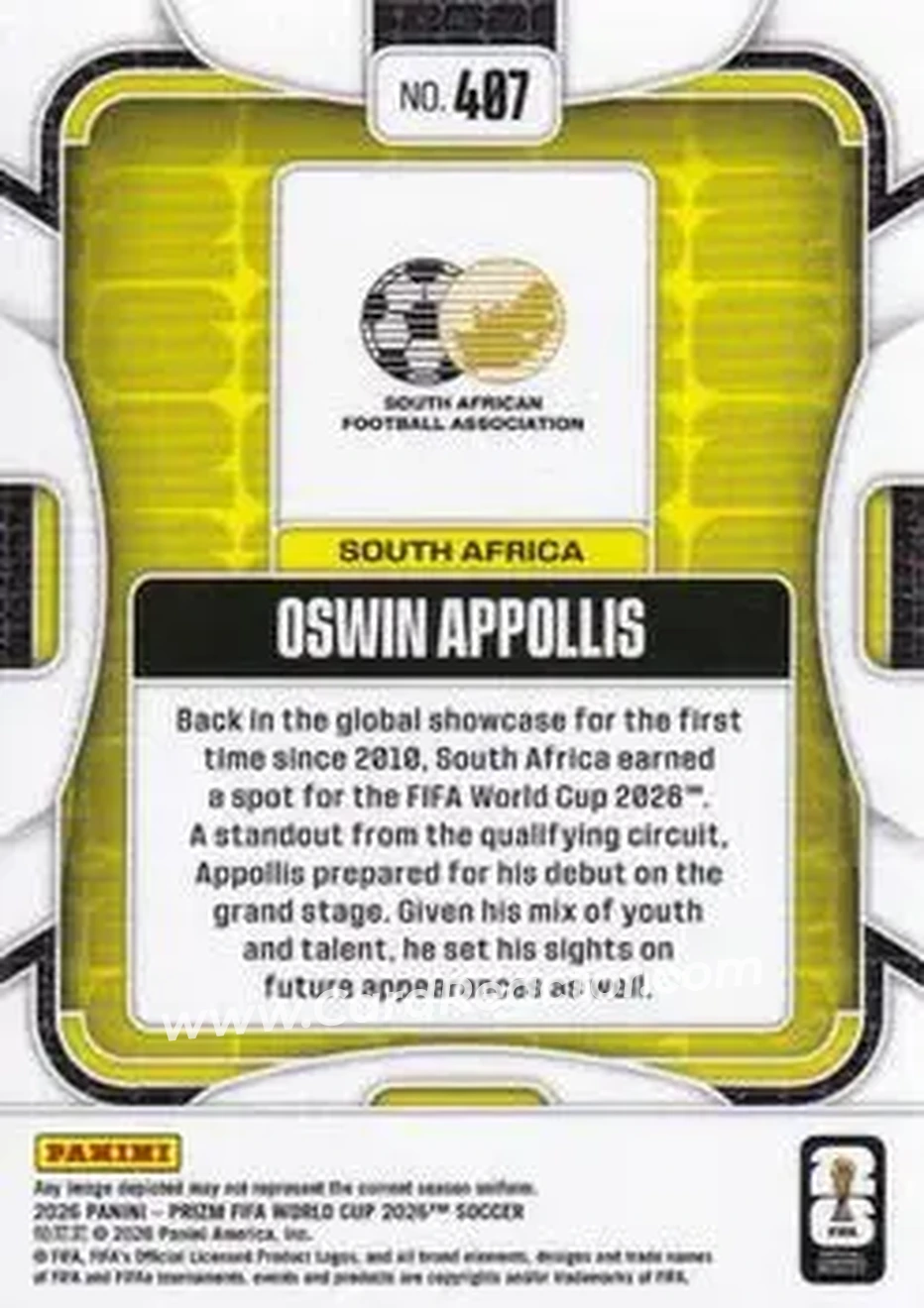 2026 Panini Prizm FIFA World Cup #407 - Oswin Appollis - South Africa - Back